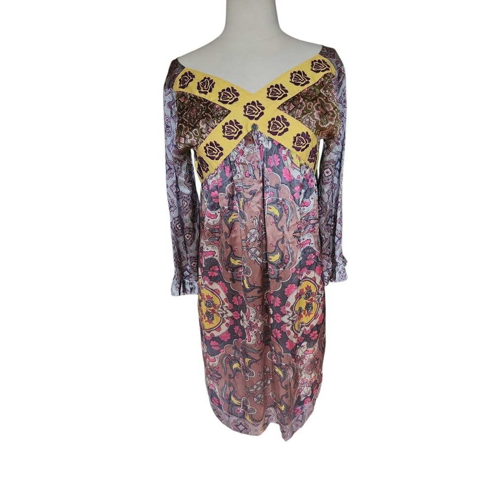 Odd Molly Multiprint Silk Floral Babydoll Dress Womens M Multicolor V-neck Boho